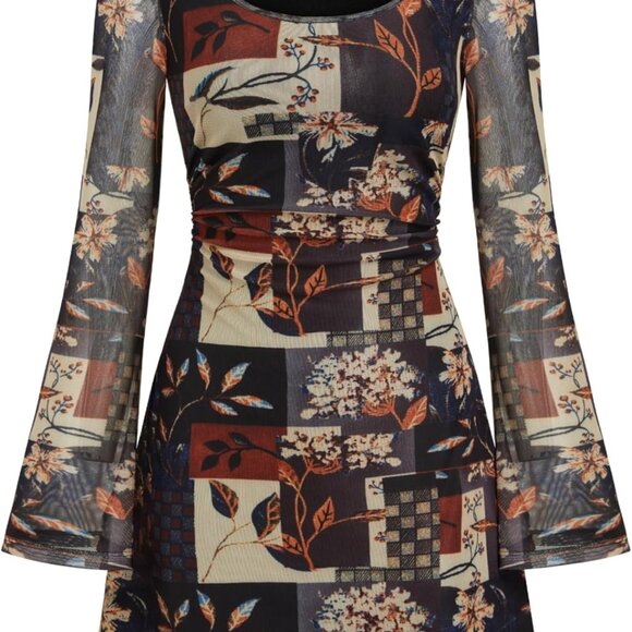 Dresses & Skirts - Women's Floral Mesh Mini Dress X-Large Bell Sleeves Casual Party Going Out